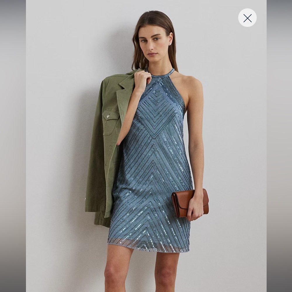 Beaded Mesh Halter Cocktail Dress
